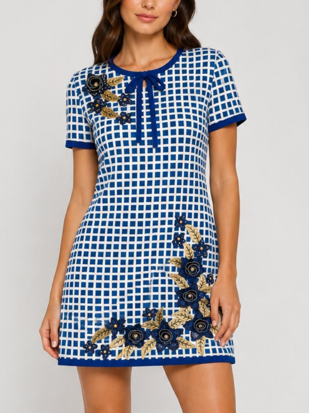 Blue White Floral Appliqué Embellished Bow Mini Shift Dress M Coquette, Preppy